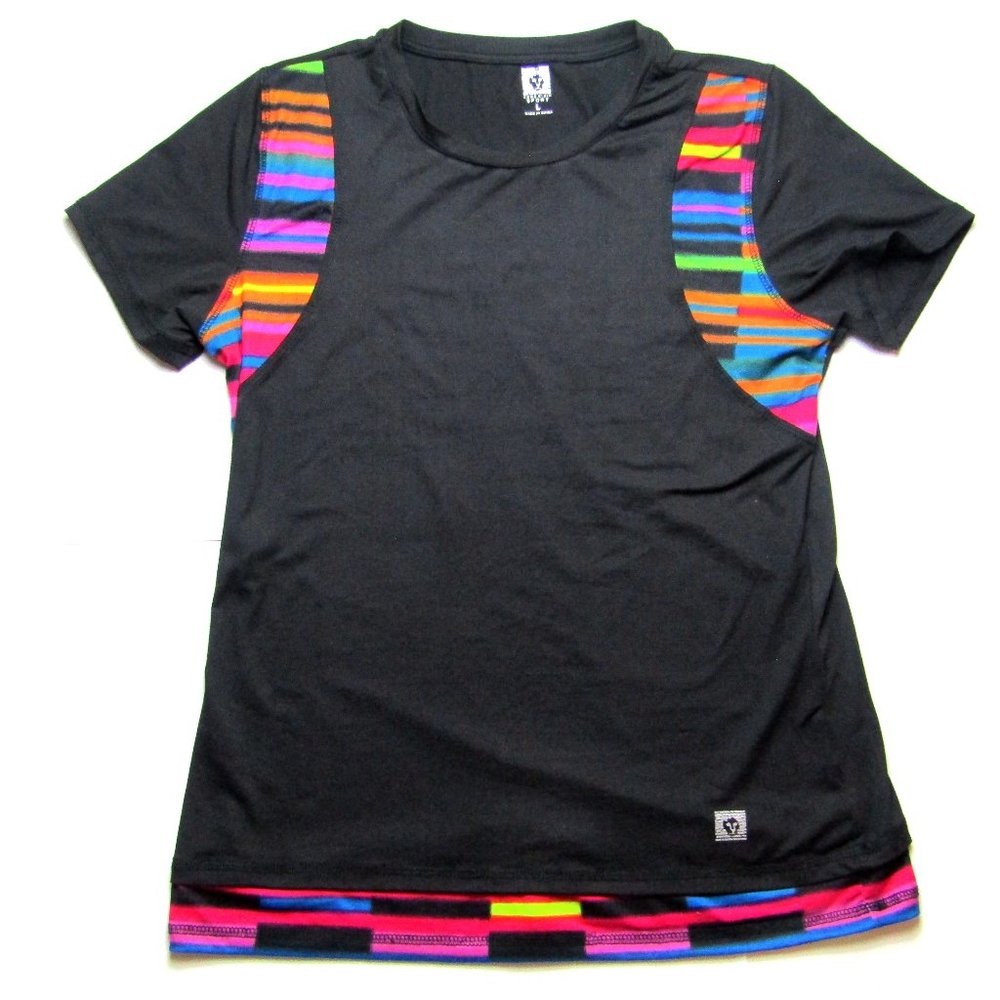 Anne Klein Sport Women LARGE Black Stretch Pieced Active Athletic Shirt Jogging